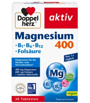 Viên uống Doppelherz Magnesium 400 + B1 + B6 + B12 + Folsäure, 30 viên