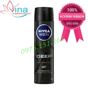 Xịt khử mùi Nivea Men Deep Dry & Clean Fell 48h than hoạt tính 150ml