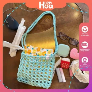 Túi xách móc len đẹp, len sợi to màu xanh giá rẻ số 1