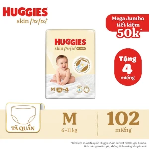 Tã-bỉm quần Huggies Skin Perfect Mega Jumbo size M 98 4 miếng với 2 vùng thấm giảm kích ứng da