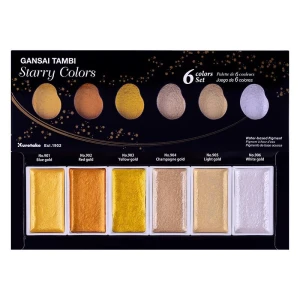 [ HKUK ] Màu nhũ tone vàng gold Starry Colors thuộc dòng Gansai Tambi set 6 màu - hãng Kuretake Zig