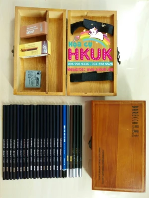 hộp gỗ đựng chì từ 2h đến 14B , 3 chì than 3 sắc , 2tẩy