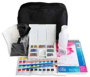set winsor n newton : 14 màu + túi đeo + sổ vẽ hãng + 1 bút chì + 2 cọ vẽ + pallete + túi nilong + ống đựng nước + tẩy hãng