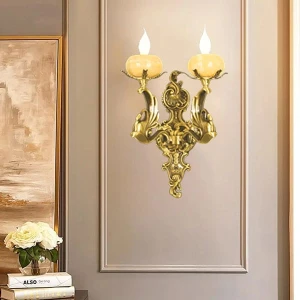 Đèn gắn tường đồng tay nến chao đá vàng cao cấp D280mm AN-VĐ7737/2