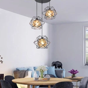 Đèn thả 3 bóng trang trí quán cafe lồng sắt hình kim cương DR-NB1041/3
