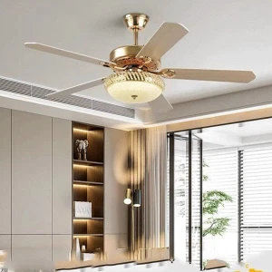 Quạt trần có đèn led 5 cánh màu vàng đồng sang trọng DC-QT4801 - Hàng dự án