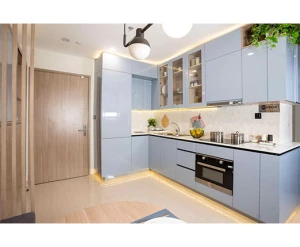 Tủ bếp Thùng MDF chống ẩm, phủ Melamine Ba Thanh Cánh Acrylic bóng gương ( Livas không line )