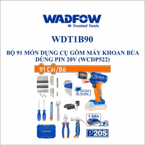 Bộ 91 món dụng cụ gồm máy khoan búa dùng pin 20V WADFOW WDT1B90