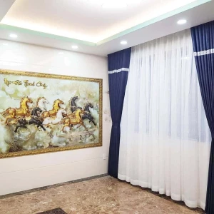 Rèm vải xếp ly màu xanh dương