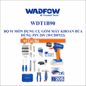 BỘ 91 MÓN DỤNG CỤ GỒM MÁY KHOAN BÚA DÙNG PIN 20V (WCDP522) WDT1B90 WADFOW (KÈM 2 PIN 1.5AH & SẠC) - HÀNG CHÍNH HÃNG
