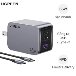 Bộ sạc nhanh 3 cổng USB Type-C QC4.0+ PD 65W Ugreen X755 25870 kèm Cáp Type C - Type C