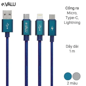 Cáp sạc và truyền dữ liệu 3 đầu USB-A - Type-C Lightning Micro USB 15W 1m eValu Spanker B 2