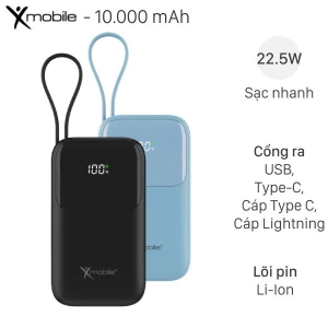Pin sạc dự phòng 10000mAh Type C PD QC 3.0 22.5W Xmobile JP325 kèm Cáp Lightning và Cáp Type C