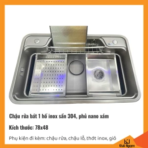 Chậu rửa bát chén inox sần 304 cao cấp phủ nano xám | Kích thước 78x48