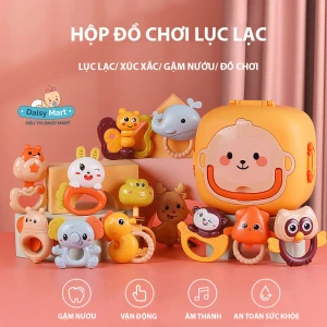Hộp đồ chơi lục lạc khỉ 6 món, xúc xắc và gặm nướu kết hợp