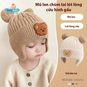 Mũ len chùm tai lót lông cừu cho trẻ 0-4 tuổi
