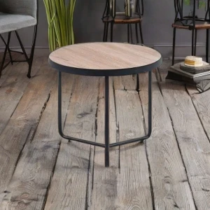 Bàn cà phê tròn Vinahardware có mặt bàn bằng gỗ và chân sắt sơn đen