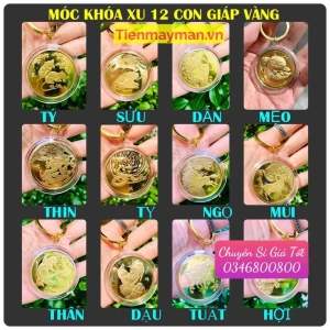 Móc Khóa Đồng Xu Khắc Hình 12 Con Giáp Phong Thủy May Mắn, Chất Liệu Niken Mạ Vàng Sáng Bóng