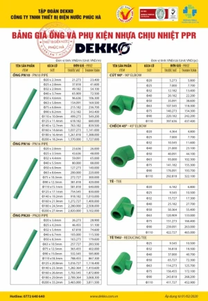 Bảng giá ống nhựa PPR DEKKO