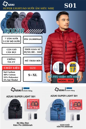 Áo Sưởi Ấm Điện Azuki Siêu Nhẹ S01, Chạy Bằng Pin 24000mah