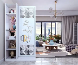 Vách ngăn kệ gỗ trang trí phòng khách cây trúc