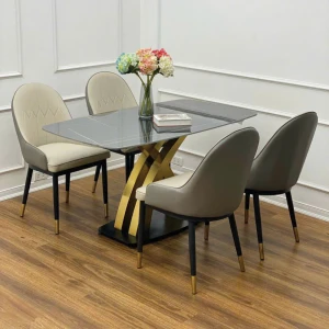 Bàn Ăn Mặt Đá Chân X Cong Inox Mạ Vàng PVD