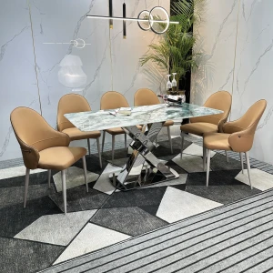 Bộ Bàn Ăn Cao Cấp Khung Inox Mặt Đá Ngọc 6 Ghế Rex Nhập Khẩu