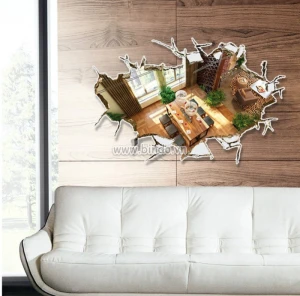 Decal 3D nhìn từ trên cao vào phòng khách tạo chiều sâu