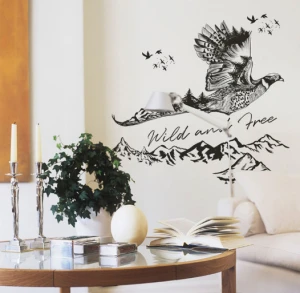 Decal dán decal chim trĩ cùng non sông núi đồi cây lá, dán theo sở thích, trang trí quán cafe