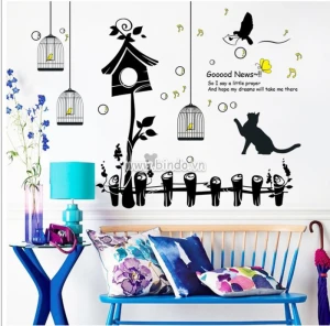 Decal dán tường mèo chim ca hát, có sẵn keo, trang trí quán trà sữa, giá rẻ tại TPHCM