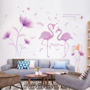 Decal hoa tím và đôi chim hạc decal dán tường kính đẹp