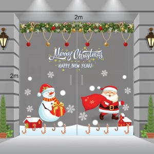 Decal Noel-ông già, bạn tuyết đi phát quà bên ngôi nhà