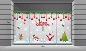 Decal Noel-Ông già cùng bạn vui chơi dưới dây treo quả châu