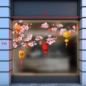 Decal tết hoa đào hồng trang trí cửa kính