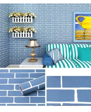 Giấy dán tường 3d giả gạch decal cuộn gạch màu xanh dương