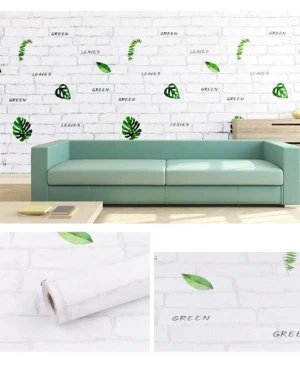 Giấy dán tường giả gạch xám họa tiết lá xanh dán quán cafe, trà sữa độc đáo tại TPHCM