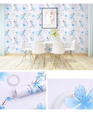Giấy dán tường hoạt tiết hình tròn và hoa xanh da trời có keo, sau dán 4,5m2