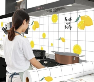 Giấy decal dán bếp màu trắng sọc caro họa tiết cam khổ 0.6m x 5m trang trí bếp đẹp