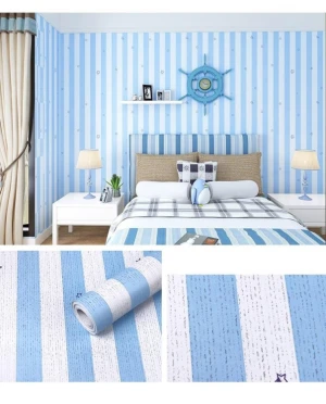 Giấy decal dán tường sọc sao xanh dọc có keo khổ 45cm dài 10m