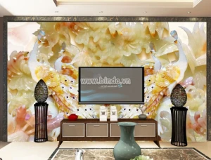 Tranh 2 đôi chim công đối xứng trắng vàng trên nền hoa 3D giả ngọc