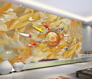 Tranh 9 cá chép bơi quanh vòng tròn vàng trên hoa 3D vàng