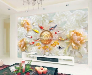 Tranh 9 cá chép bơi trên nền hoa mẫu đơn giả ngọc 3D