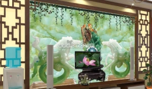 Tranh đôi ngựa ngọc bích trắng xanh dương và dây leo khổ lớn dán tường