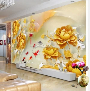 Tranh hoa mẫu đơn vàng và 9 cá chép trên nền ngọc bích 3D