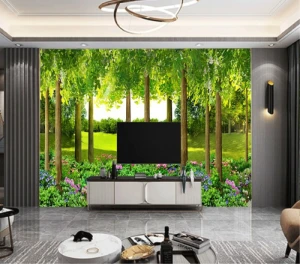 Tranh thủy mặc ,sơn thủy rừng cây xanh và hoa sắc màu