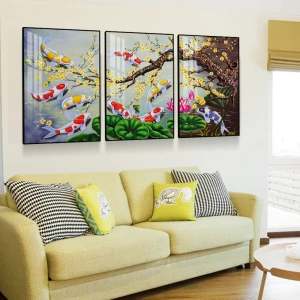 Tranh Cửu Ngư Quần Hội 3D Mai Vàng Bên Ao Sen