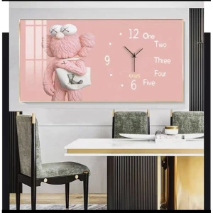 Tranh Đồng Hồ Treo Tường UV Pha Lê Bóng Gấu Kaws Hồng Hiện Đại