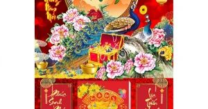 Lịch Đôi Chim Công - Hồng Phúc Cát Tường - Lịch Treo Tường Laminate Tráng Gương 2026 (40x60 cm)