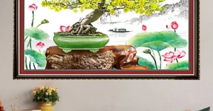 Tranh Gỗ Phù Điêu Treo Tường Đóng Khung Cao Cấp - Chậu Bonsai Hoa Mai Vàng Khoe Sắc