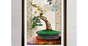 Tranh Gỗ Phù Điêu Treo Tường Đóng Khung Cao Cấp - Chậu Bonsai Phong Thuỷ